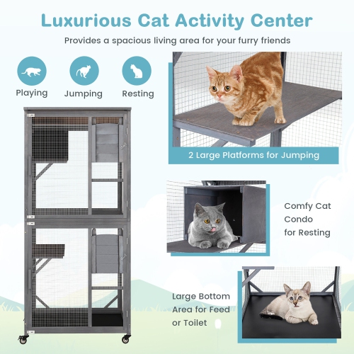 Gymax Wooden Cat House 72'' Indoor Outdoor Kitten Enclosure Kennel Condo on Wheels Grey
