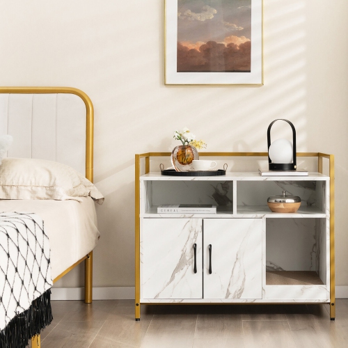 Gymax Large Litter Box Enclosure Cat Wooden Storage Cabinet with 2 Doors Marble White