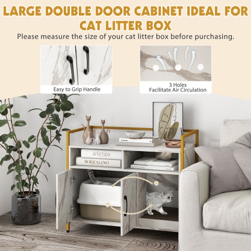 Gymax Large Litter Box Enclosure Cat Wooden Storage Cabinet with 2 Doors Marble White