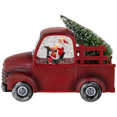 LED Lighted Santa in Red Retro Truck with Christmas Tree Snow Globe - 9"