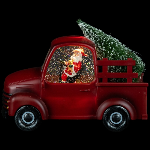 LED Lighted Santa in Red Retro Truck with Christmas Tree Snow Globe - 9"