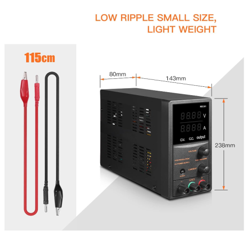 Tacklife 0V 5A Adjustable Switching Regulated with 4 Digits Display, Course and Fine Adjustments(00.01V, 0.001A), Data Hold - 110V/115CM Alligator