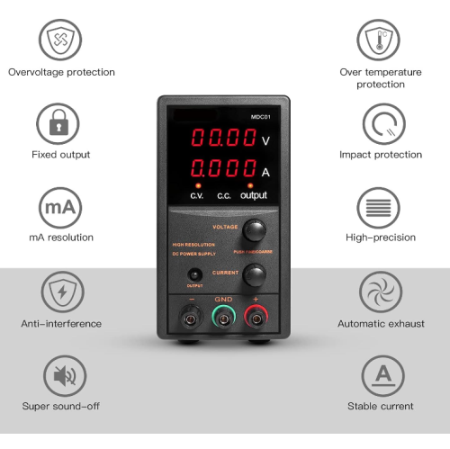 Tacklife 0V 5A Adjustable Switching Regulated with 4 Digits Display, Course and Fine Adjustments(00.01V, 0.001A), Data Hold - 110V/115CM Alligator