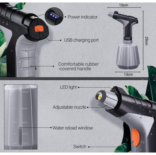 Vaporisateur électrique pour brumisateur de plantes Tacklife, 2000 mAh  à DEL, arrosoir électrique avec bec en cuivre réglable