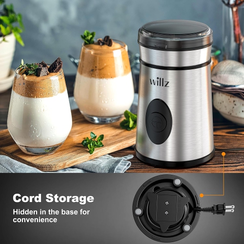 Willz Electric Coffee Grinder for Coffee Beans, Spices, & Herbs with Easy On/Off Button Control, 50g Grinding Capacity, Makes up to 6 cups, 200W,