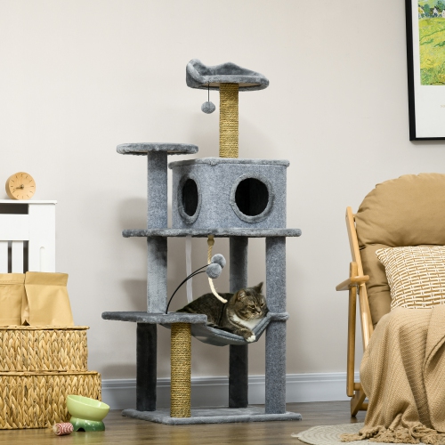 PawHut 54" Cat Tree for Larger Cats Adult with Hammock, Tal Cat Tree Tower with Scratching Post, Condo, Platforms, Play Balls for Indoor Cats, Grey