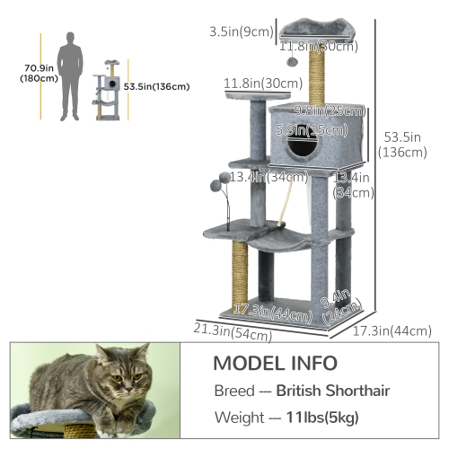 PawHut 54" Cat Tree for Larger Cats Adult with Hammock, Tal Cat Tree Tower with Scratching Post, Condo, Platforms, Play Balls for Indoor Cats, Grey