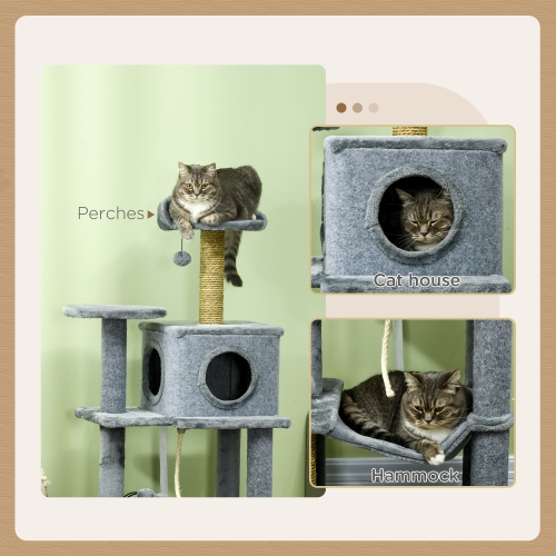 PawHut 54" Cat Tree for Larger Cats Adult with Hammock, Tal Cat Tree Tower with Scratching Post, Condo, Platforms, Play Balls for Indoor Cats, Grey