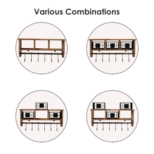 Retro Wall Mounted Shelf with 6 Hooks and Movable Metal Basket, 25” Entryway Organizer Shelf with Storage Cabinets, Wall Mount Coat Rack Hanging