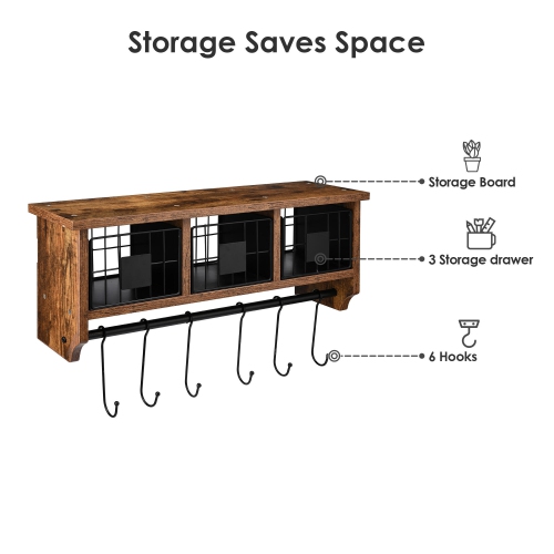 Retro Wall Mounted Shelf with 6 Hooks and Movable Metal Basket, 25” Entryway Organizer Shelf with Storage Cabinets, Wall Mount Coat Rack Hanging