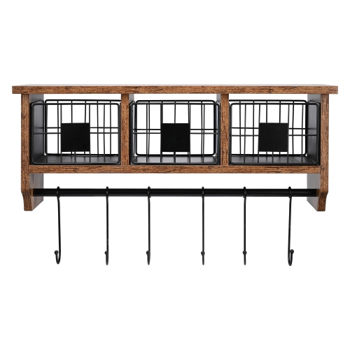 Retro Wall Mounted Shelf with 6 Hooks and Movable Metal Basket, 25” Entryway Organizer Shelf with Storage Cabinets, Wall Mount Coat Rack Hanging