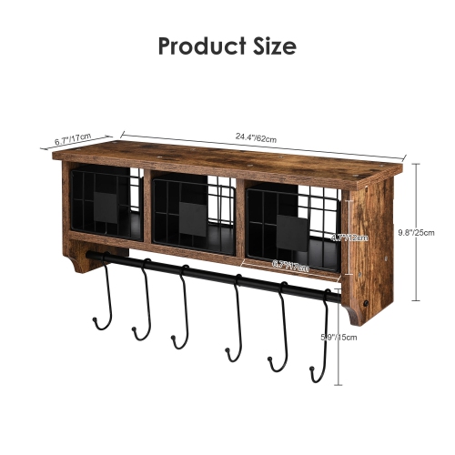 Retro Wall Mounted Shelf with 6 Hooks and Movable Metal Basket, 25” Entryway Organizer Shelf with Storage Cabinets, Wall Mount Coat Rack Hanging