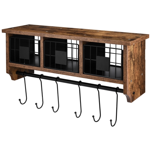 Retro Wall Mounted Shelf with 6 Hooks and Movable Metal Basket, 25” Entryway Organizer Shelf with Storage Cabinets, Wall Mount Coat Rack Hanging