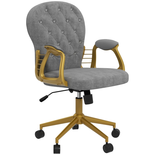 VINSETTO  Velvet Vanity Office Chair, Button Tufted Swivel Chair With Adjustable Height, Padded Armrests And Tilt Function, Gold And In Grey