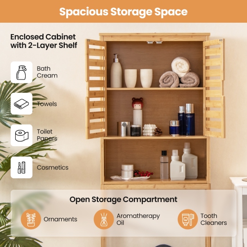 Costway Over the Toilet Storage Cabinet Tall Bathroom Bamboo Shelf Organizer Space Saver