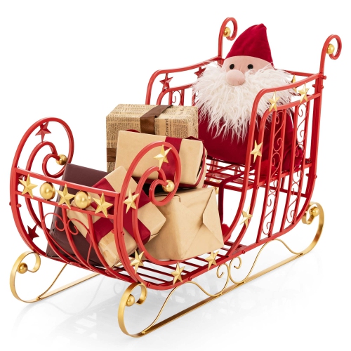 COSTWAY  Santa Sleigh With Large Cargo Area for Gifts Metal Christmas Holiday Decor In Red