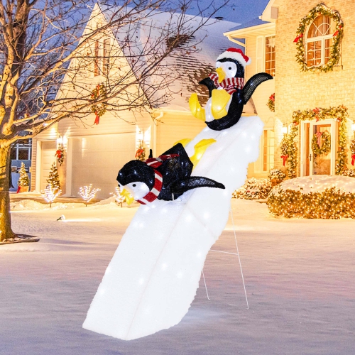 COSTWAY  4Ft Pre-Lit Christmas Penguin Ice Skating Decoration With Snowy Slide & Led Lights