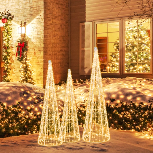 COSTWAY  Set Of 3 Pre-Lit Christmas Cone Trees Xmas Decoration With Star String & 90 Lights