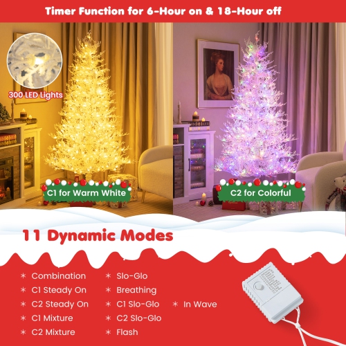 Costway 6 FT Pre-Lit Christmas Tree Snow Flocked Hinged 11 Lighting Modes with 300 Lights