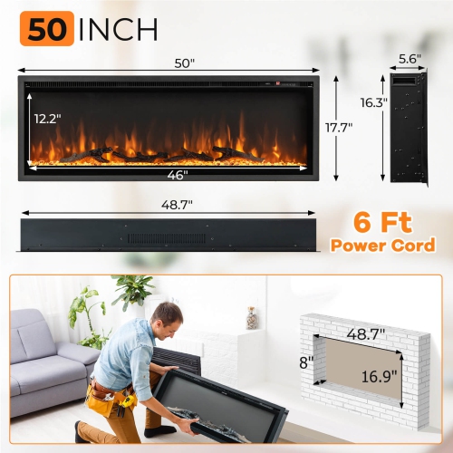 Costway 50" Electric Fireplace Recessed Wall Mounted Freestanding with Remote Control