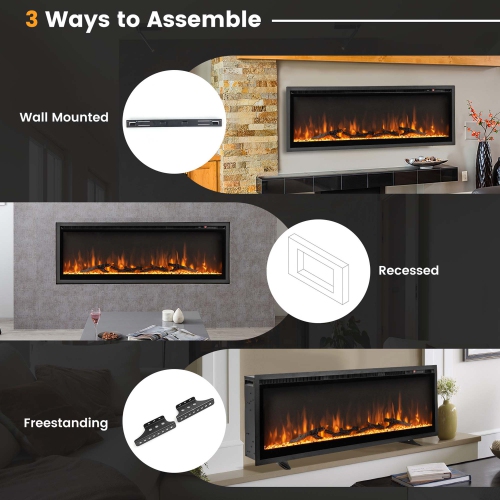 Costway 50" Electric Fireplace Recessed Wall Mounted Freestanding with Remote Control