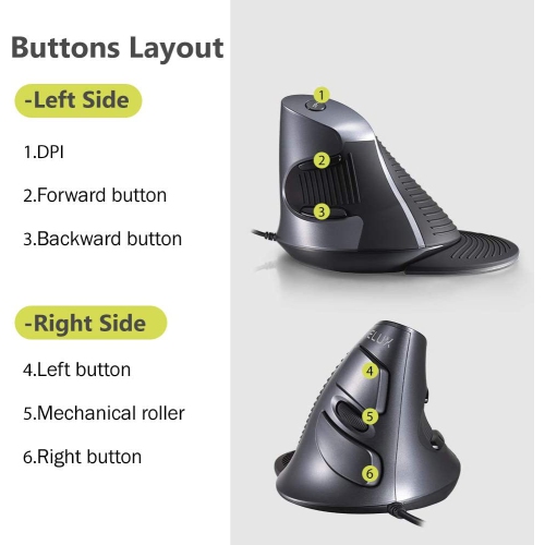 Souris verticale avec fil, souris ergonomique optique à 6 boutons,  résolution de 4 ppp (800/1200/2400/3200) et prise confortable