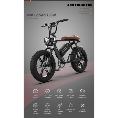 Aostirmotor STORM 750W 20 Inch Fat Tire Electric Bike E-Bike for Adults / 48V 40km/h Mountain Bike
