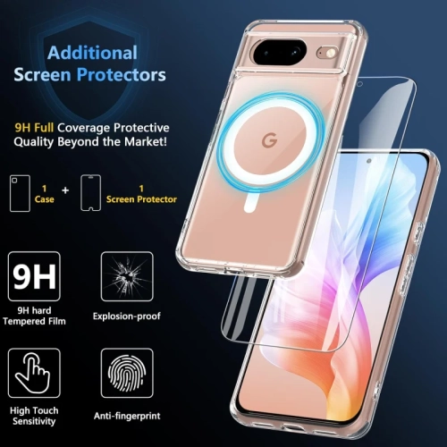 Étui magnétique pour Pixel 8 de Google avec protecteur d'écran [MagSafe compatible] - Étui mince protecteur militaire transparent pour protéger votre