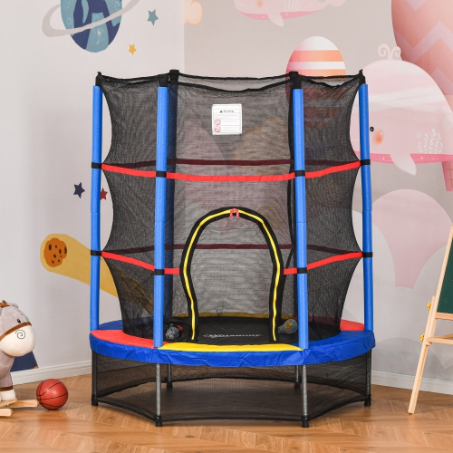 Outsunny 55" Kids Trampoline with Enclosure Net Steel Frame Indoor Round Bouncer Rebounder Age 3 to 6 Years Old, Multi-Coloured