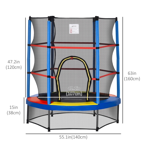 Outsunny 55" Kids Trampoline with Enclosure Net Steel Frame Indoor Round Bouncer Rebounder Age 3 to 6 Years Old, Multi-Coloured