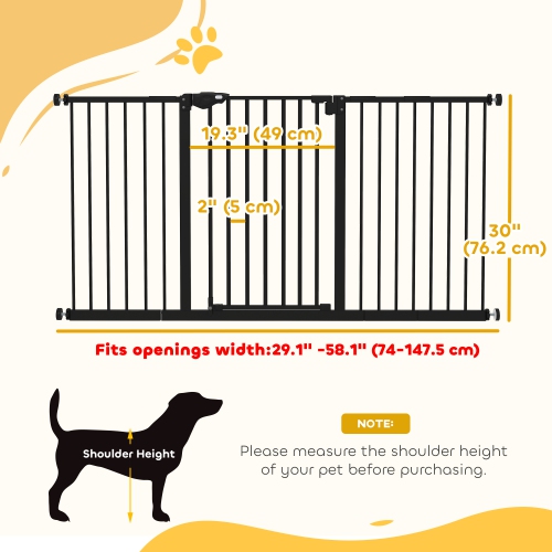 PawHut 29"-58" Wide Pet Gate with Door Dog Gate and Barrier Indoor for Stairs Includes 7", 8", 12" Extensions Kit, 30 Inch Tall Pressure-Mounted