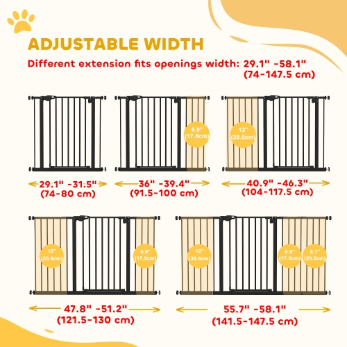 PawHut 29"-58" Wide Pet Gate with Door Dog Gate and Barrier Indoor for Stairs Includes 7", 8", 12" Extensions Kit, 30 Inch Tall Pressure-Mounted