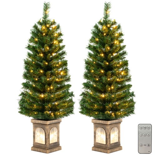 COSTWAY  2 PCs 4 Ft Pre-Lit Potted Christmas Tree Artificial Entrance With 3 Lighting Modes