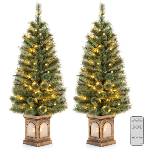 COSTWAY  2 PCs 4 Ft Pre-Lit Potted Christmas Tree Pine Needles 3 Modes Remote Control