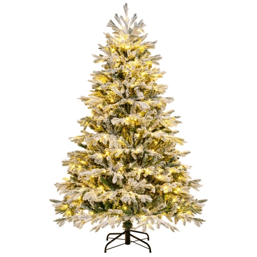 COSTWAY  6 Ft Pre-Lit Christmas Tree Snow Flocked Hinged Xmas Decoration With 350 Lights