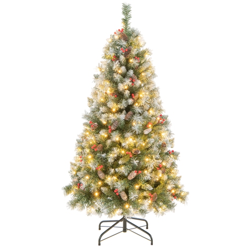 COSTWAY  5 Ft Artificial Christmas Tree Hinged W/ 200 Warm Led Lights & 126 Red Berries