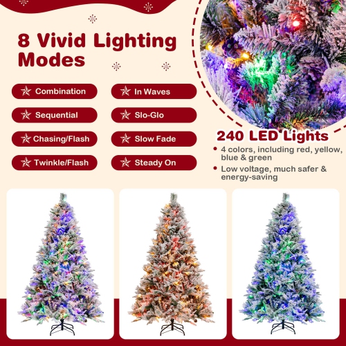 Costway 6 FT Pre-Lit Snow Flocked Christmas Tree Hinged Xmas Tree with 8 Modes 240 Lights
