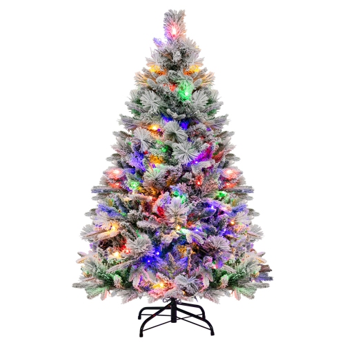 Costway 4.5 FT Pre-Lit Snow Flocked Christmas Tree Hinged Xmas Tree with 8 Modes 160 Lights