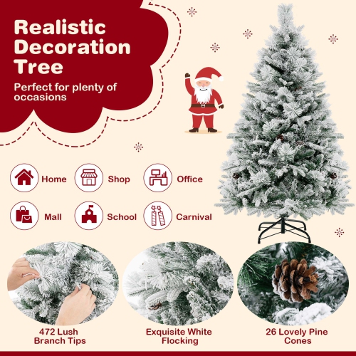 Costway 4.5 FT Pre-Lit Snow Flocked Christmas Tree Hinged Xmas Tree with 8 Modes 160 Lights