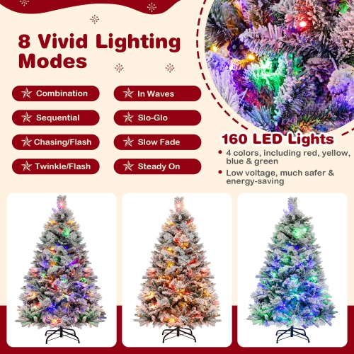 Costway 4.5 FT Pre-Lit Snow Flocked Christmas Tree Hinged Xmas Tree with 8 Modes 160 Lights