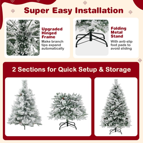 Costway 4.5 FT Pre-Lit Snow Flocked Christmas Tree Hinged Xmas Tree with 8 Modes 160 Lights