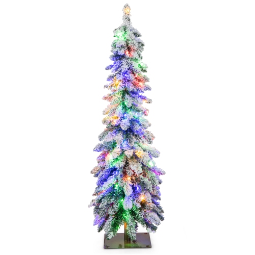 COSTWAY  4 Ft Pre-Lit Slim Christmas Tree Flocked Xmas Decoration 11 Modes 100 Led Lights