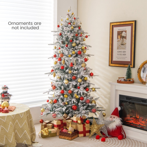 Costway 6 FT Pre-Lit Christmas Tree Snow Flocked Hinged with 715 Branch Tips & 210 Lights