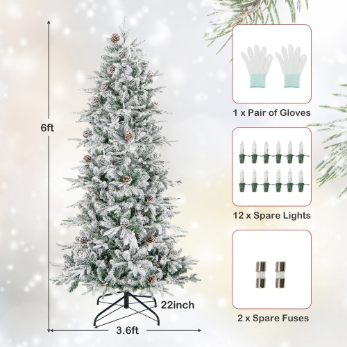 Costway 6 FT Pre-Lit Christmas Tree Snow Flocked Hinged with 715 Branch Tips & 210 Lights