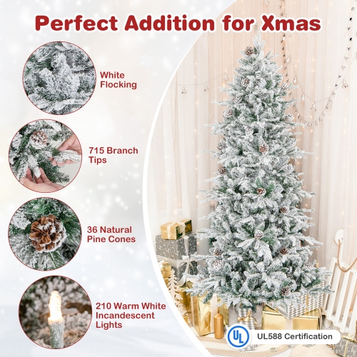 Costway 6 FT Pre-Lit Christmas Tree Snow Flocked Hinged with 715 Branch Tips & 210 Lights