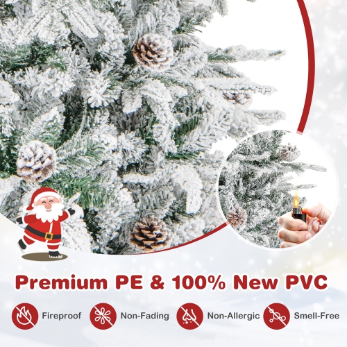 Costway 6 FT Pre-Lit Christmas Tree Snow Flocked Hinged with 715 Branch Tips & 210 Lights