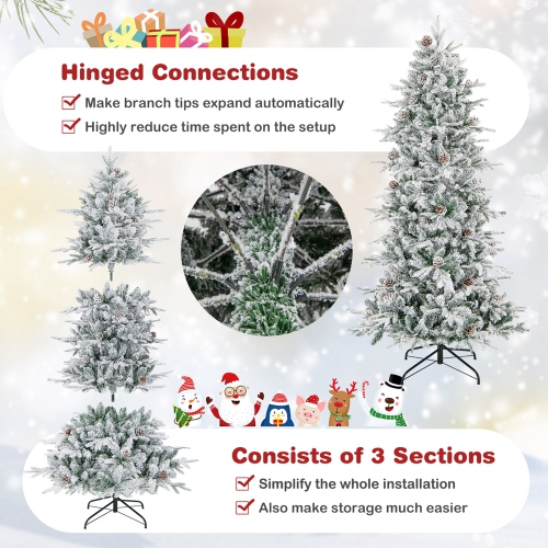 Costway 6 FT Pre-Lit Christmas Tree Snow Flocked Hinged with 715 Branch Tips & 210 Lights