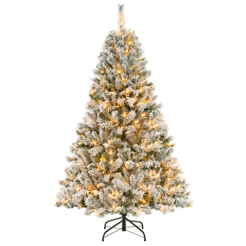 COSTWAY  6 Ft Pre-Lit Christmas Tree 3-Minute Quick Shape Flocked Decor With 300 Led Lights