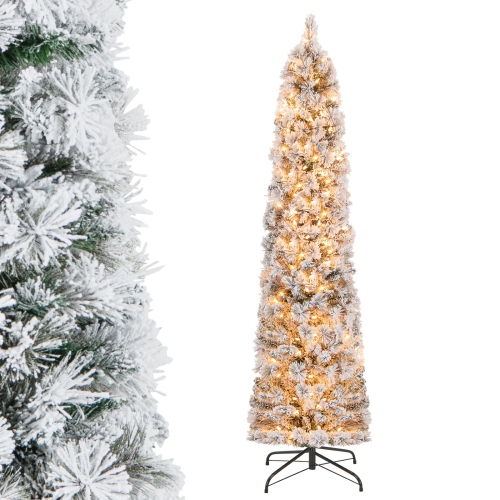 Costway 6 FT Pre-Lit Slim Christmas Tree Flocked Decoration with Pine Needles & Lights