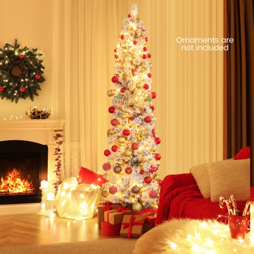 Costway 6 FT Pre-Lit Slim Christmas Tree Flocked Decoration with Pine Needles & Lights